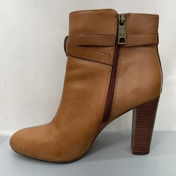 Lauren Ralph Lauren Vianca Heel Ankle Booties Buckles Zip Leather Brown Women 9