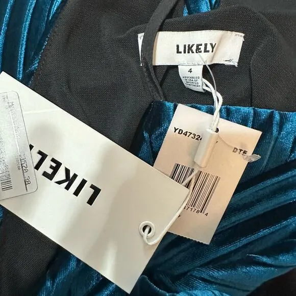 Likely NWT Blue Velvet Halter Pleated Cocktail Party Dress size 4