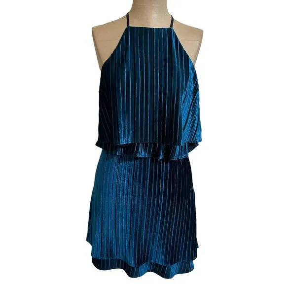 Likely NWT Blue Velvet Halter Pleated Cocktail Party Dress size 4