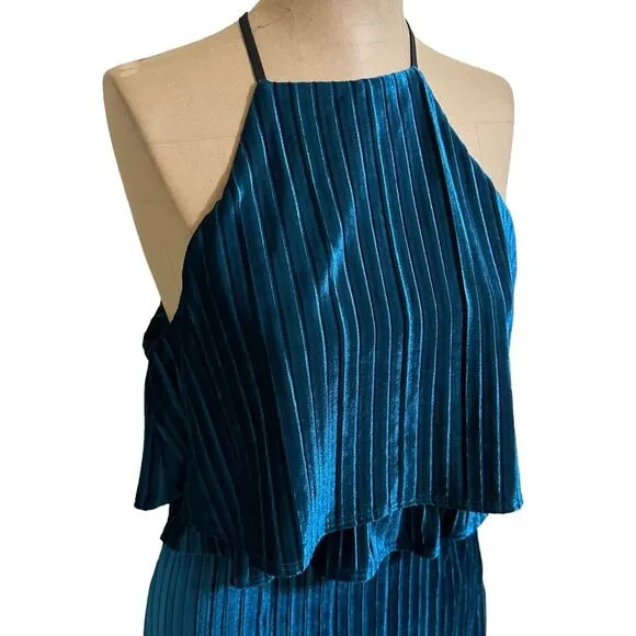 Likely NWT Blue Velvet Halter Pleated Cocktail Party Dress size 4