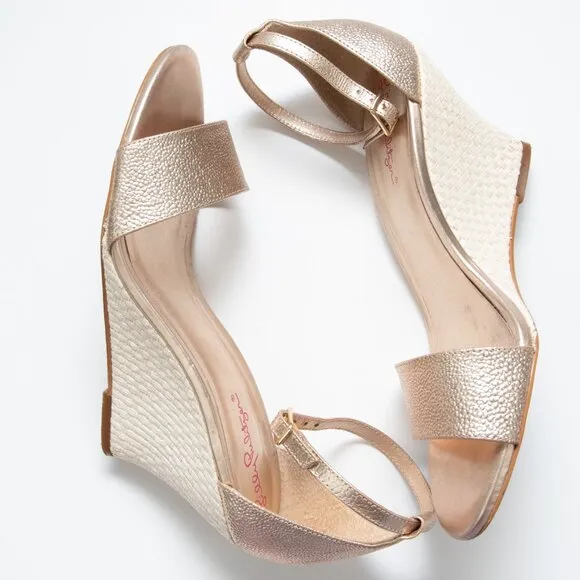 Lilly Pulitzer Bridgette Wedge Raffia Sandal Leather Preppy Gold Size 9