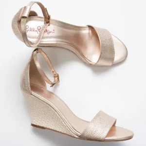 Lilly Pulitzer Bridgette Wedge Raffia Sandal Leather Preppy Gold Size 9