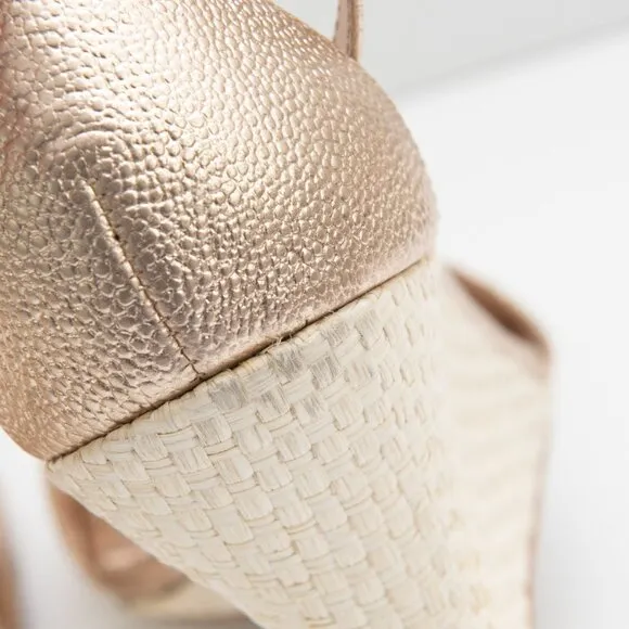Lilly Pulitzer Bridgette Wedge Raffia Sandal Leather Preppy Gold Size 9