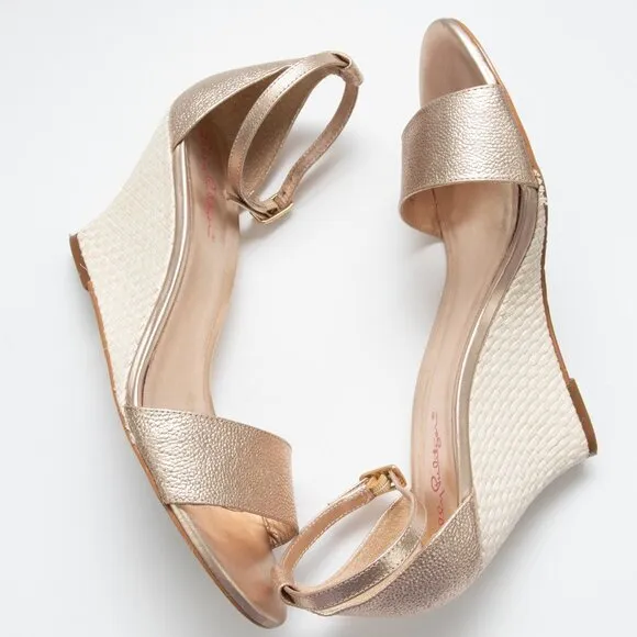 Lilly Pulitzer Bridgette Wedge Raffia Sandal Leather Preppy Gold Size 9