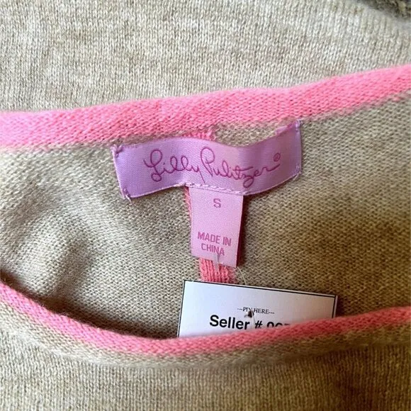 Lilly Pulitzer Collins 100% Cashmere Sweater Beige Pink Back Stripe Boat Neck