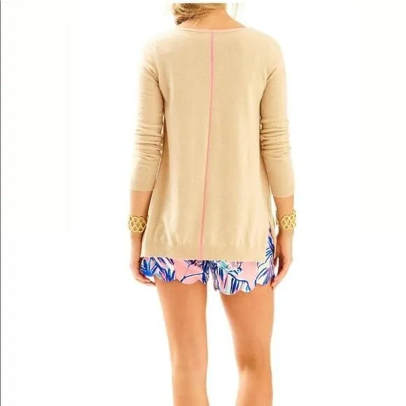 Lilly Pulitzer Collins 100% Cashmere Sweater Beige Pink Back Stripe Boat Neck