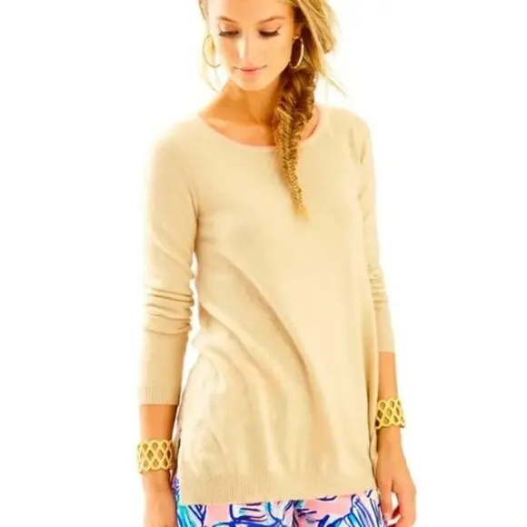 Lilly Pulitzer Collins 100% Cashmere Sweater Beige Pink Back Stripe Boat Neck