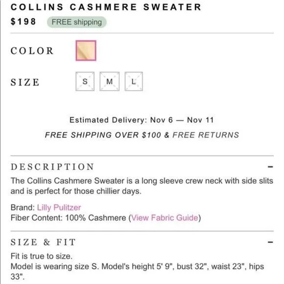 Lilly Pulitzer Collins 100% Cashmere Sweater Beige Pink Back Stripe Boat Neck