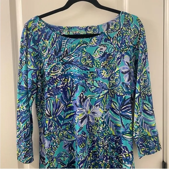 Lilly Pulitzer Hollee Cotton Blue 3/4 Sleeve T-Shirt Dress Cut Out Mini Medium