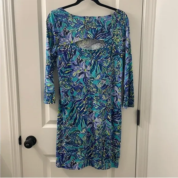 Lilly Pulitzer Hollee Cotton Blue 3/4 Sleeve T-Shirt Dress Cut Out Mini Medium