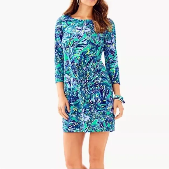 Lilly Pulitzer Hollee Cotton Blue 3/4 Sleeve T-Shirt Dress Cut Out Mini Medium
