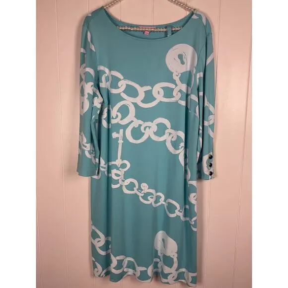 Lilly Pulitzer Johan Dress in Aqua Blue with White Chain Details Size XL
