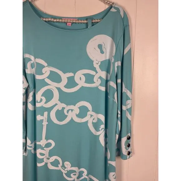 Lilly Pulitzer Johan Dress in Aqua Blue with White Chain Details Size XL