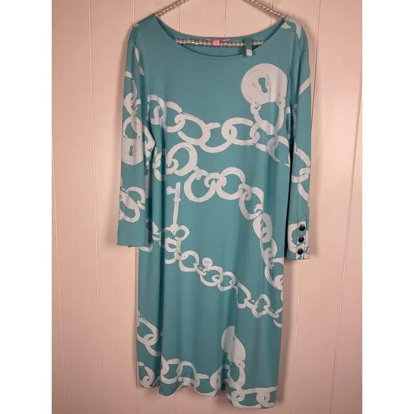 Lilly Pulitzer Johan Dress in Aqua Blue with White Chain Details Size XL