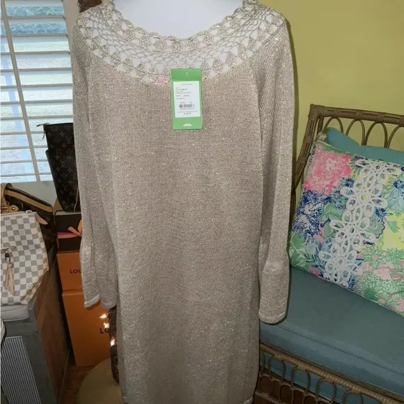Lilly Pulitzer NWT Carino Sweater Dress Gold Metallic $198 Size XL Gorgeous!