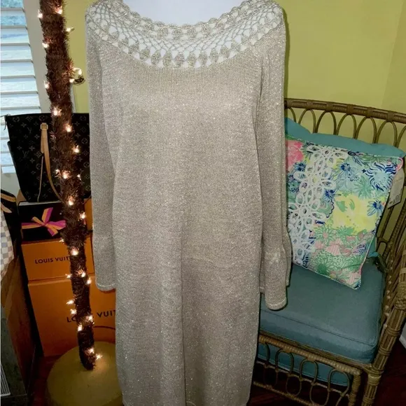 Lilly Pulitzer NWT Carino Sweater Dress Gold Metallic $198 Size XL Gorgeous!