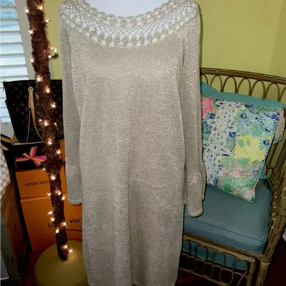Lilly Pulitzer NWT Carino Sweater Dress Gold Metallic $198 Size XL Gorgeous!