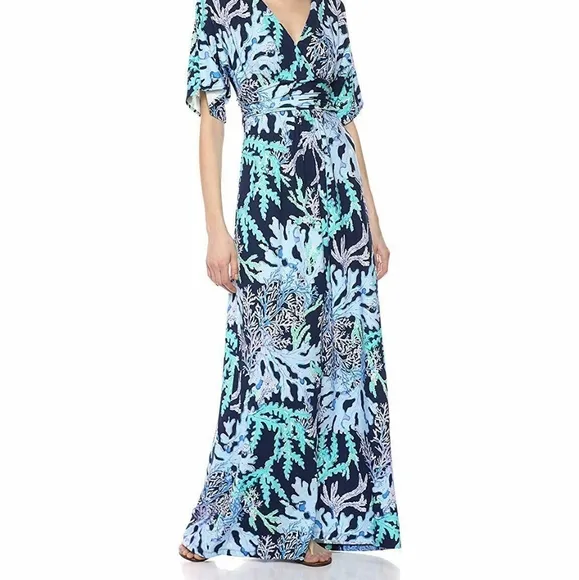 Lilly Pulitzer Parigi Maxi Dress Deep Indigo Swish Sway Navy Blue Green Lilac S