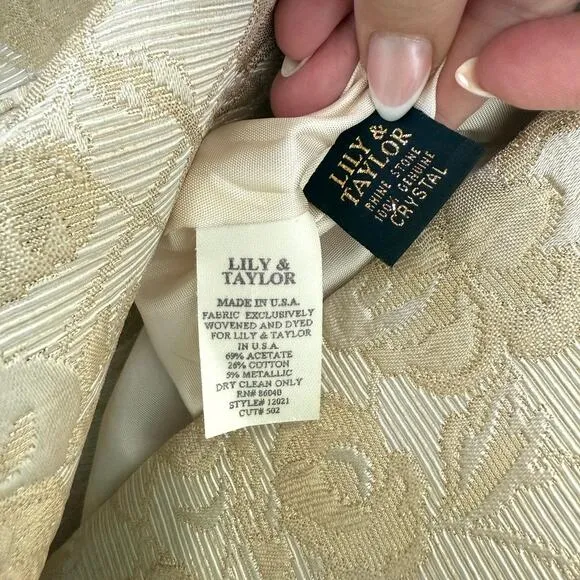 LILY &amp; TAYLOR Brocade Skirt Suit Gold Metallic Jacquard Crystal Detail Size 12