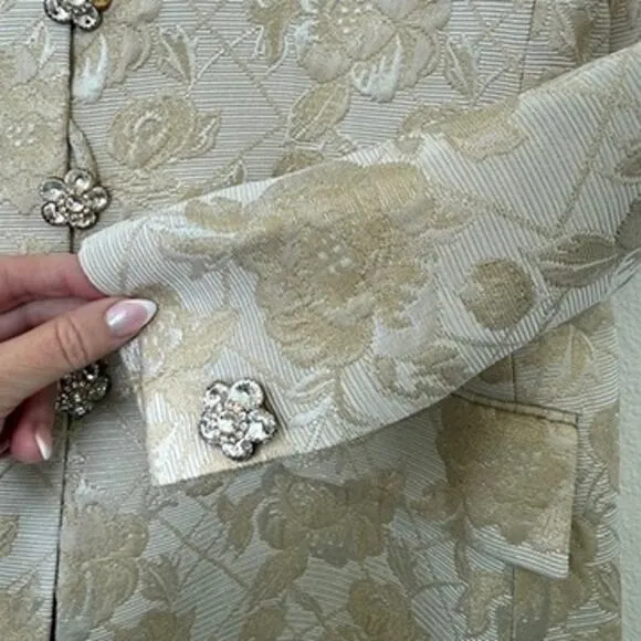 LILY &amp; TAYLOR Brocade Skirt Suit Gold Metallic Jacquard Crystal Detail Size 12