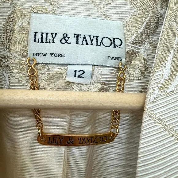 LILY &amp; TAYLOR Brocade Skirt Suit Gold Metallic Jacquard Crystal Detail Size 12