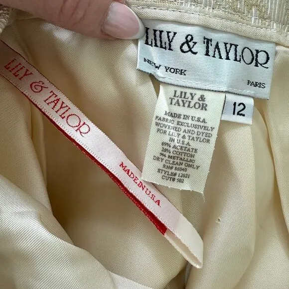 LILY &amp; TAYLOR Brocade Skirt Suit Gold Metallic Jacquard Crystal Detail Size 12