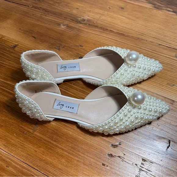 Ling Chan All Over Pearl Embellishment Ivory Pointed Toe Bridal Flats Sz 38/7.5