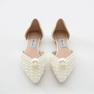 Ling Chan All Over Pearl Embellishment Ivory Pointed Toe Bridal Flats Sz 38/7.5