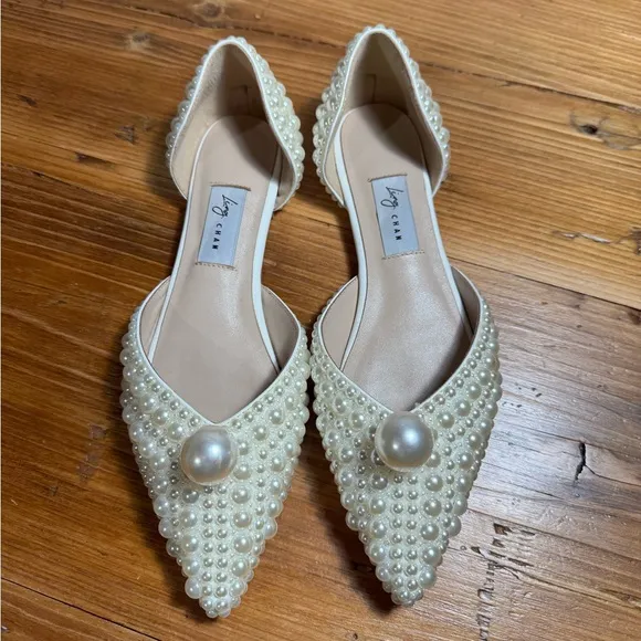 Ling Chan All Over Pearl Embellishment Ivory Pointed Toe Bridal Flats Sz 38/7.5