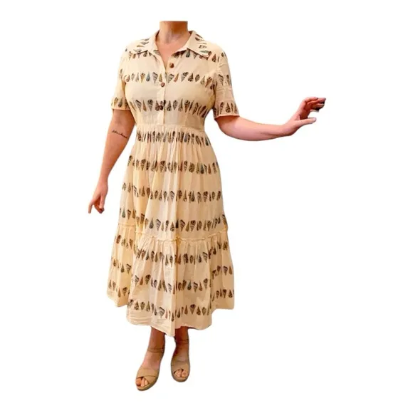 LK Bennett Bella Shell Print Midi Dress in Cream Cotton Size 16