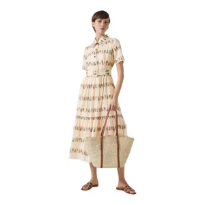 LK Bennett Bella Shell Print Midi Dress in Cream Cotton Size 16