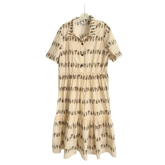 LK Bennett Bella Shell Print Midi Dress in Cream Cotton Size 16