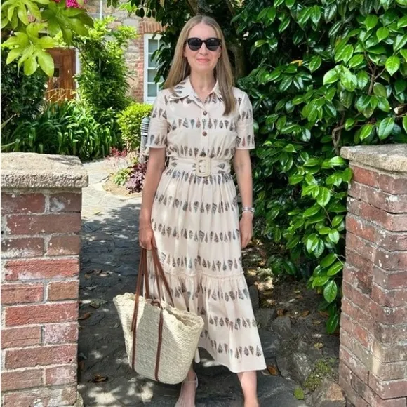 LK Bennett Bella Shell Print Midi Dress in Cream Cotton Size 16