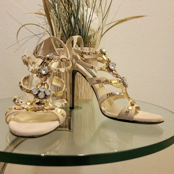 L.K Bennett London Cut Out Rhinestone Open Toe Made in Italy Stiletto He…