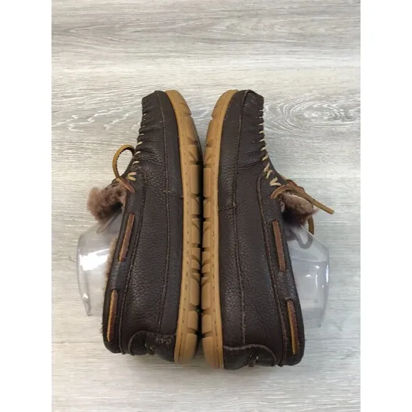 L.L Bean Wicked Good Men's Brown Leather Sz 8 Faux Fur Lined Boat Shoes