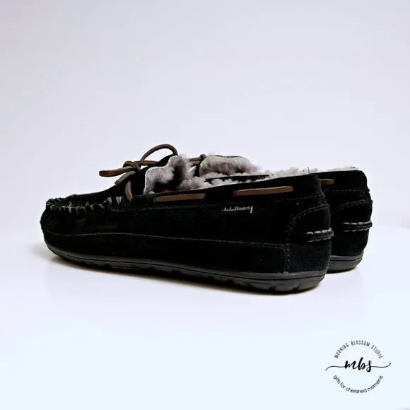 L.L.Bean Fleece Lined Moccasins in Black Men Size 10