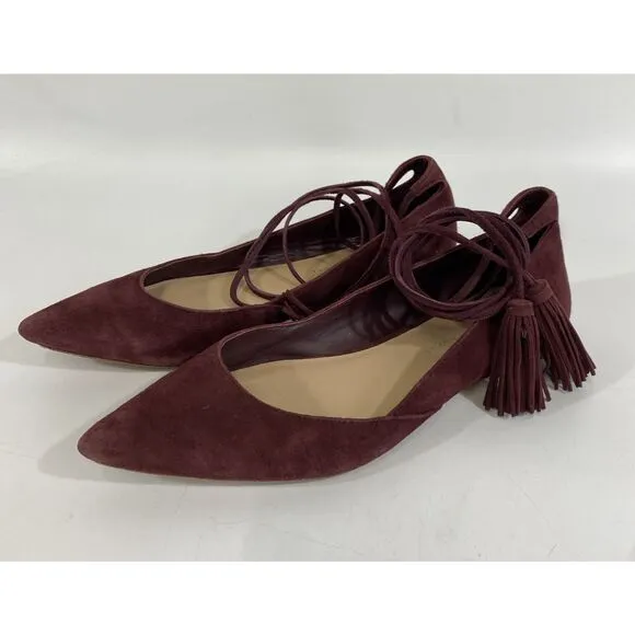 Loeffler Randall PENELOP Bordeaux Red Suede Lace Up Pointed Toe Flats, Wms Sz 8