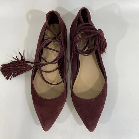 Loeffler Randall PENELOP Bordeaux Red Suede Lace Up Pointed Toe Flats, Wms Sz 8