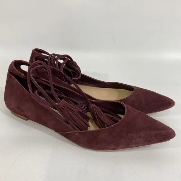 Loeffler Randall PENELOP Bordeaux Red Suede Lace Up Pointed Toe Flats, Wms Sz 8