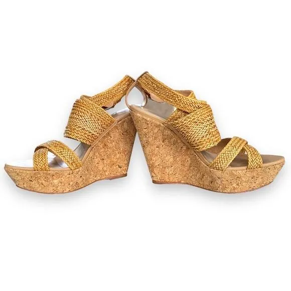 Loeffler Randall Strappy Cork Wedge Sandals Sz7.5B Tan Leather Ankle Strap