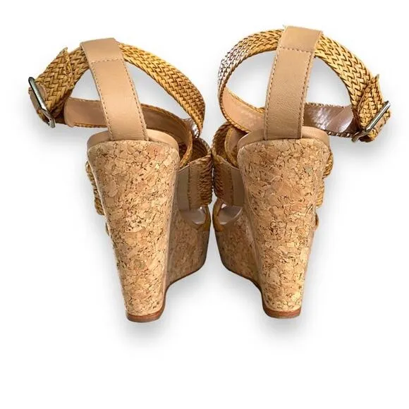 Loeffler Randall Strappy Cork Wedge Sandals Sz7.5B Tan Leather Ankle Strap