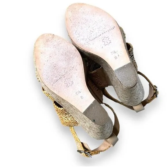 Loeffler Randall Strappy Cork Wedge Sandals Sz7.5B Tan Leather Ankle Strap