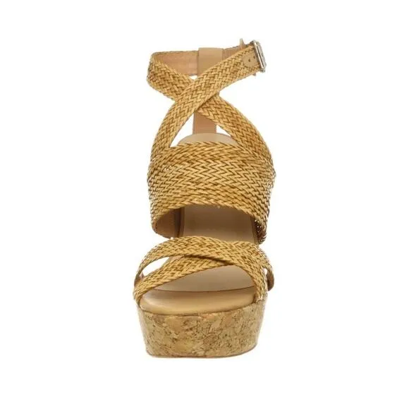 Loeffler Randall Strappy Cork Wedge Sandals Sz7.5B Tan Leather Ankle Strap