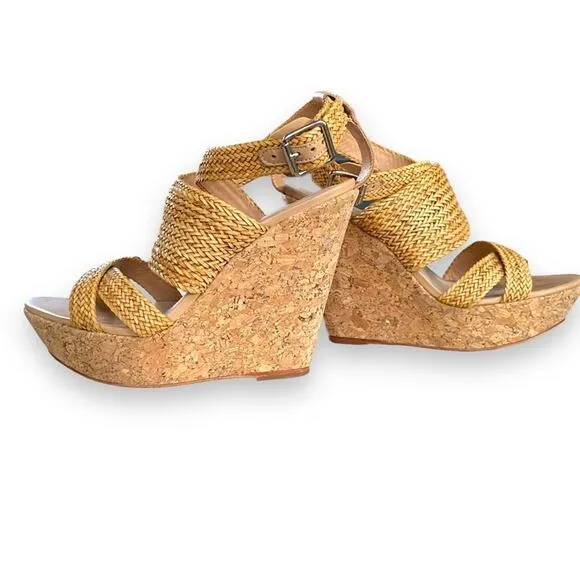 Loeffler Randall Strappy Cork Wedge Sandals Sz7.5B Tan Leather Ankle Strap