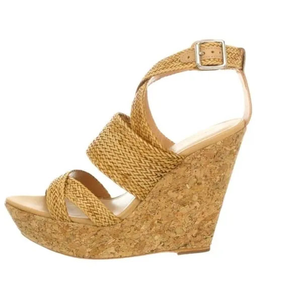 Loeffler Randall Strappy Cork Wedge Sandals Sz7.5B Tan Leather Ankle Strap