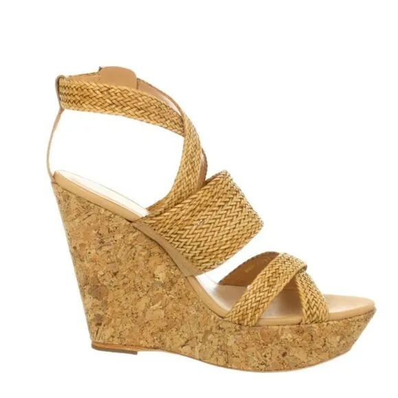Loeffler Randall Strappy Cork Wedge Sandals Sz7.5B Tan Leather Ankle Strap