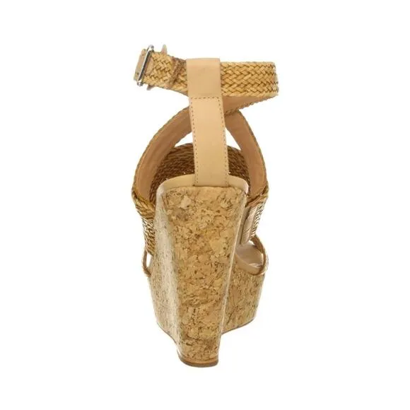 Loeffler Randall Strappy Cork Wedge Sandals Sz7.5B Tan Leather Ankle Strap