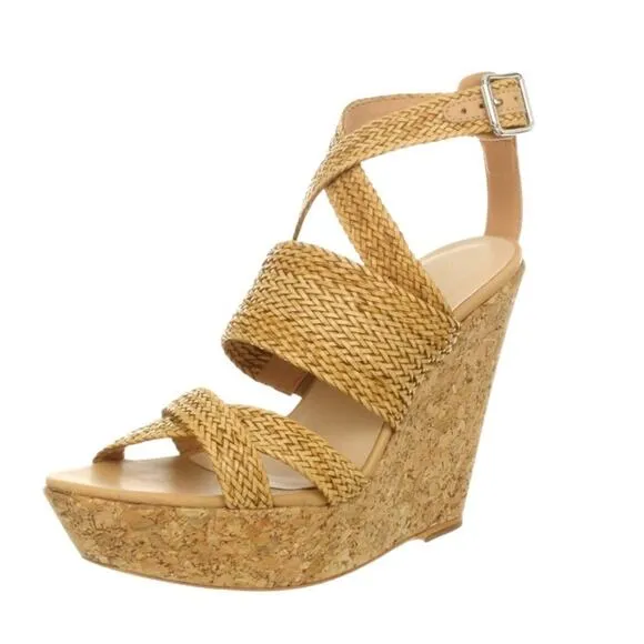 Loeffler Randall Strappy Cork Wedge Sandals Sz7.5B Tan Leather Ankle Strap