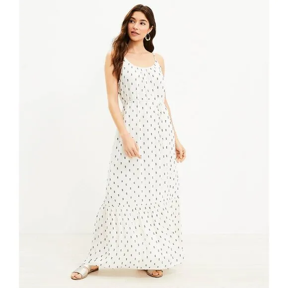 LOFT Clip Strappy Flounce Maxi Dress – Ivory Navy Dots, Adjustable, S