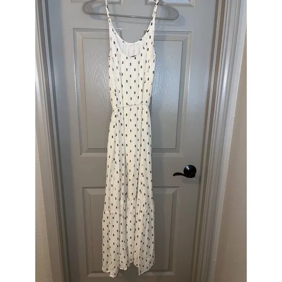 LOFT Clip Strappy Flounce Maxi Dress – Ivory Navy Dots, Adjustable, S